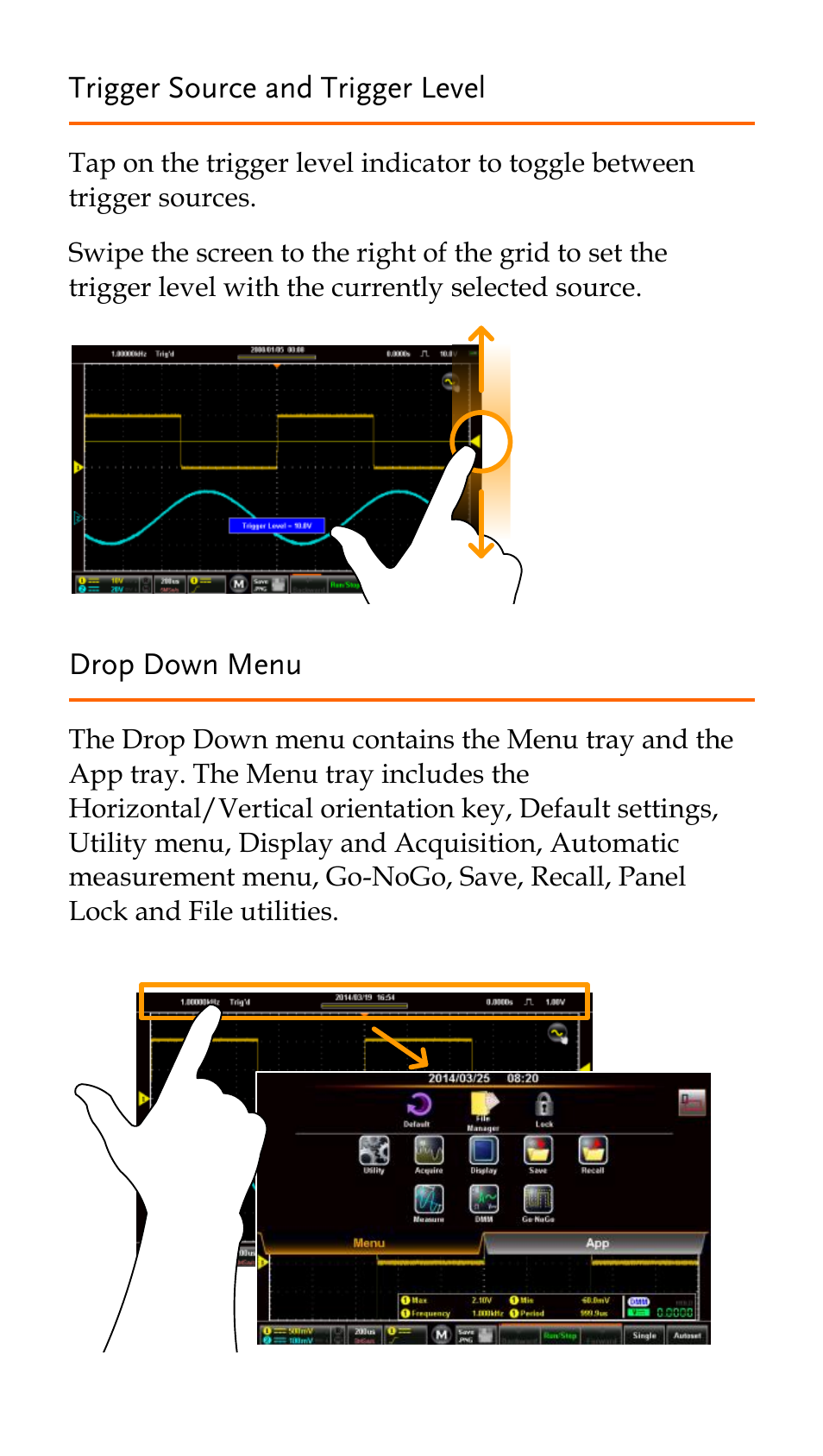 Trigger source and trigger level, Drop down menu | GW Instek GDS-200 Series Quick start guide User Manual | Page 14 / 21
