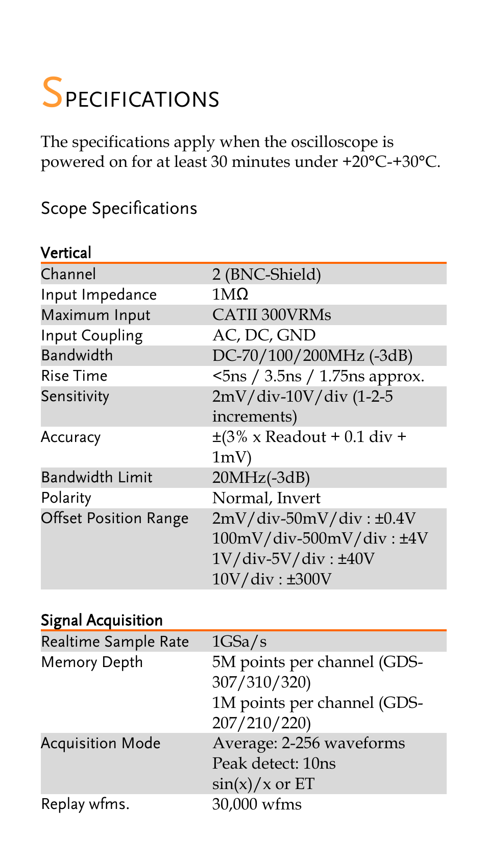 Specifications, Scope specifications, Vertical | Signal acquisition, Pecifications | GW Instek GDS-200 Series Quick start guide User Manual | Page 15 / 21