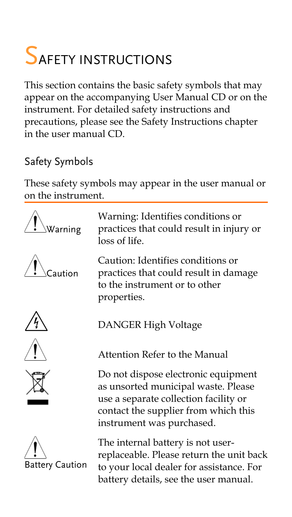 Safety instructions, Safety symbols, Afety instructions | GW Instek GDS-200 Series Quick start guide User Manual | Page 3 / 21