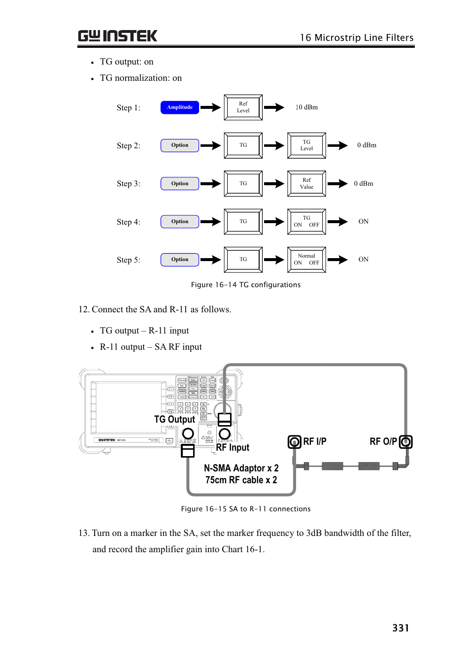 Tg output: on, Tg normalization: on, Connect the sa and r-11 as follows | Tg output – r-11 input, R-11 output – sa rf input | GW Instek GRF-3300 Series Teacher Manual User Manual | Page 23 / 26
