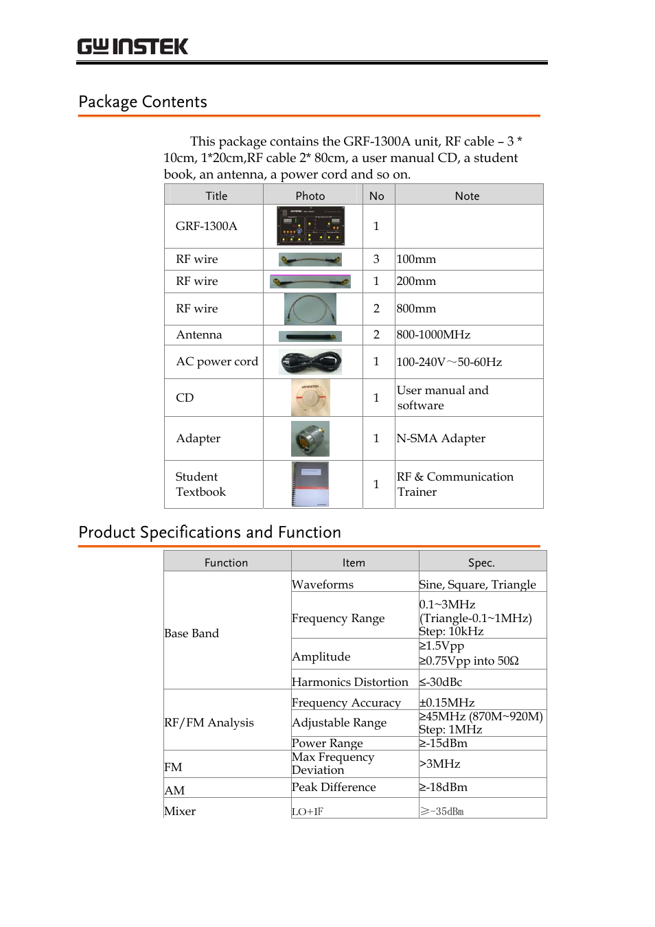 Package contents, Product specifications and function, Grf-1300a user manual and teaching materials | GW Instek GRF-1300A User Manual | Page 10 / 124