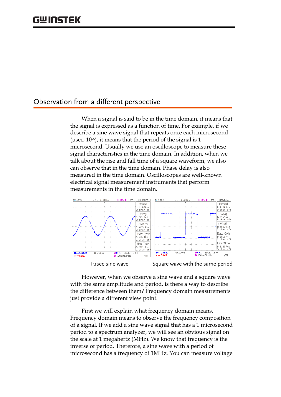 Overview of the time and‌ frequency domain, Observation from a different perspective, Verview of the time and frequency domain | GW Instek GRF-1300A User Manual | Page 18 / 124