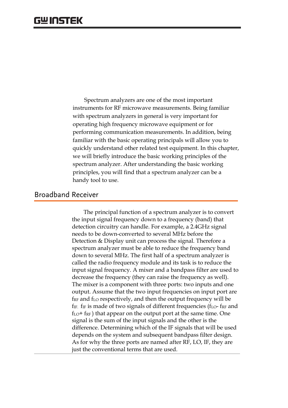 An introduction to spectrum analyzers, Broadband receiver, N introduction to spectrum analyzers | GW Instek GRF-1300A User Manual | Page 26 / 124