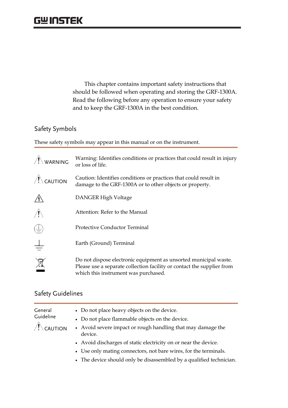 Safety instructions, Safety symbols, Safety guidelines | Afety instructions | GW Instek GRF-1300A User Manual | Page 4 / 124