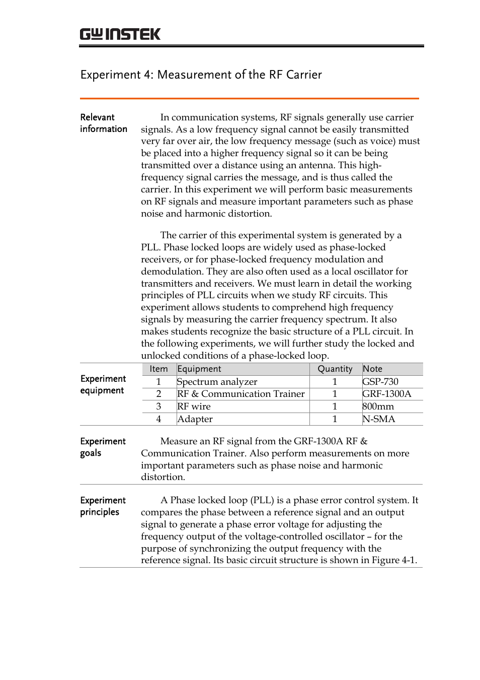 Experiment 4: measurement of the rf carrier | GW Instek GRF-1300A User Manual | Page 49 / 124