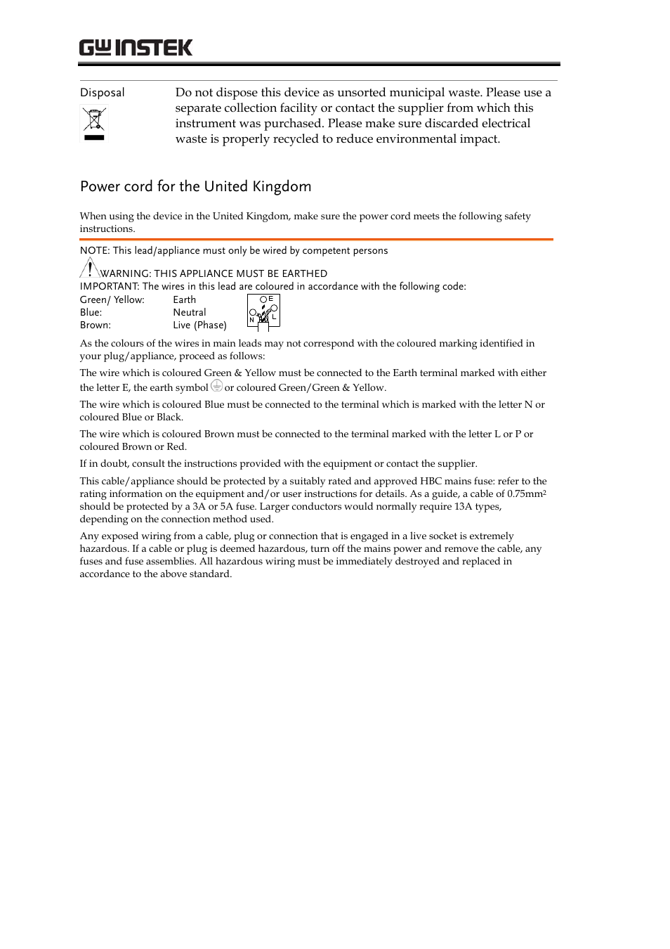 Power cord for the united kingdom, Grf-1300a user manual and teaching materials | GW Instek GRF-1300A User Manual | Page 6 / 124