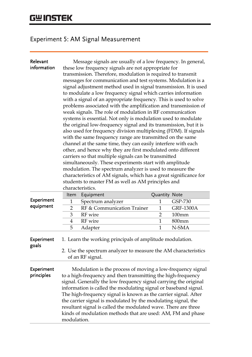 Experiment 5: am signal measurement | GW Instek GRF-1300A User Manual | Page 62 / 124