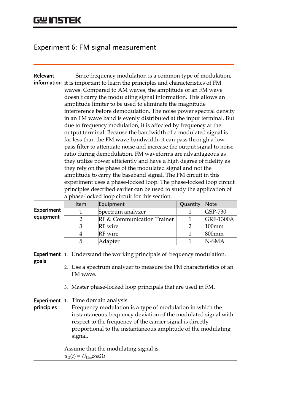 Experiment 6: fm signal measurement, Grf-1300a user manual and teaching materials | GW Instek GRF-1300A User Manual | Page 72 / 124