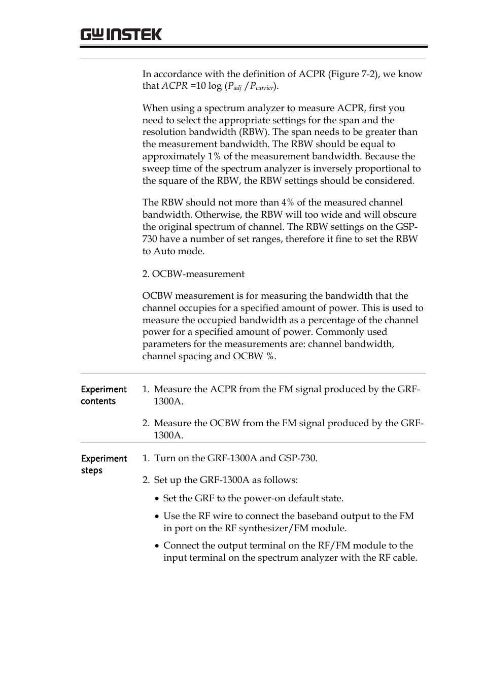 Rf communication and signals experiments | GW Instek GRF-1300A User Manual | Page 85 / 124