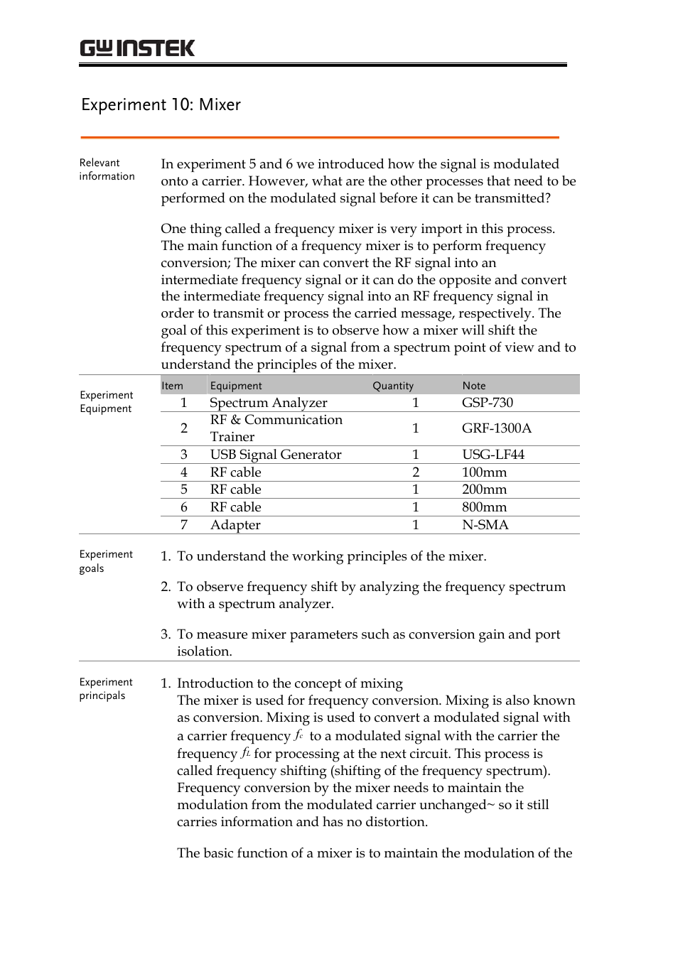Experiment 10: mixer, Grf-1300a user manual and teaching materials | GW Instek GRF-1300A User Manual | Page 98 / 124