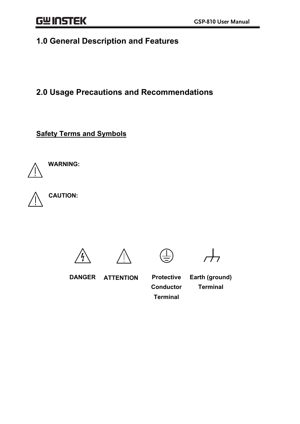 0 general description and features, 0 usage precautions and recommendations, Safety terms and symbols | GW Instek GSP-810 User Manual User Manual | Page 5 / 40