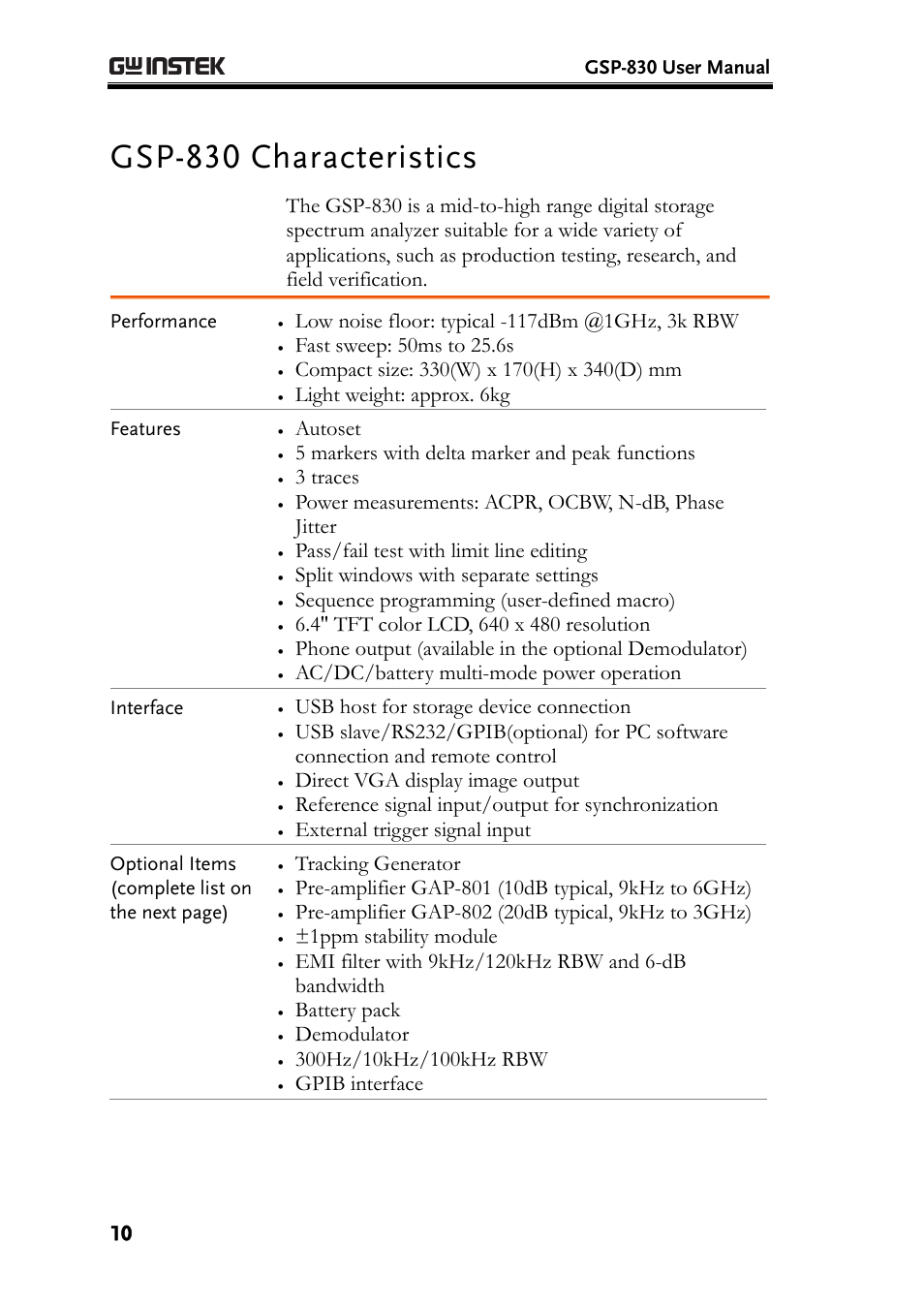 Gsp-830 characteristics, Light weight: approx. 6kg, Autoset | 5 markers with delta marker and peak functions, 3 traces, Power measurements: acpr, ocbw, n-db, phase jitter, Pass/fail test with limit line editing, Split windows with separate settings, Sequence programming (user-defined macro), Ac/dc/battery multi-mode power operation | GW Instek GSP-830 User Manual User Manual | Page 10 / 181
