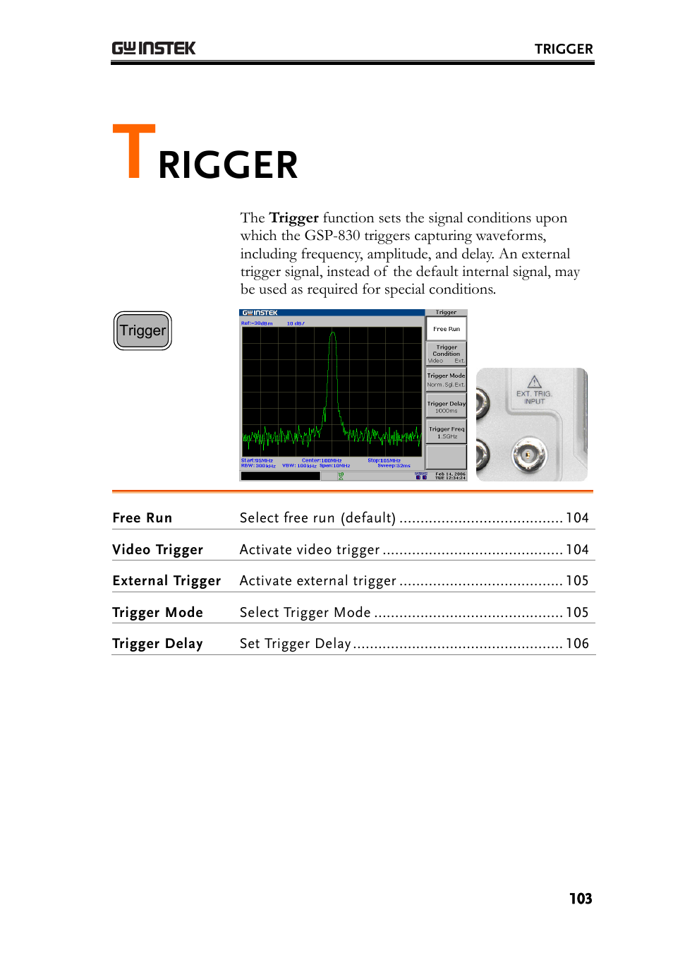 E103) selects the trig, Rigger | GW Instek GSP-830 User Manual User Manual | Page 103 / 181