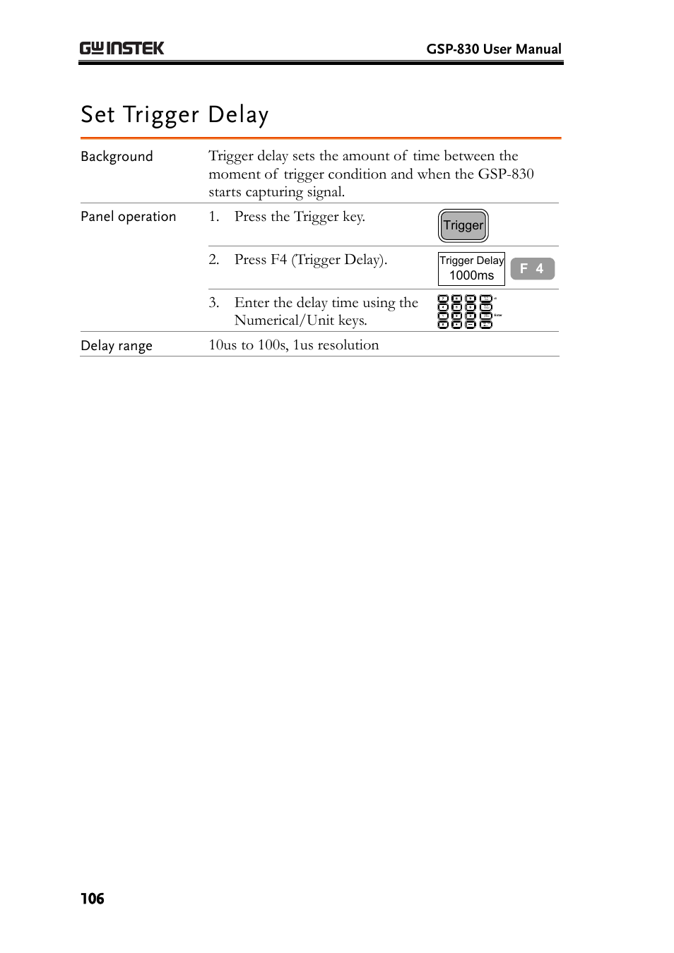 Set trigger delay, Press the trigger key, Press f4 (trigger delay) | Enter the delay time using the numerical/unit keys, Gsp-830 user manual, Background, Panel operation, Delay range | GW Instek GSP-830 User Manual User Manual | Page 106 / 181