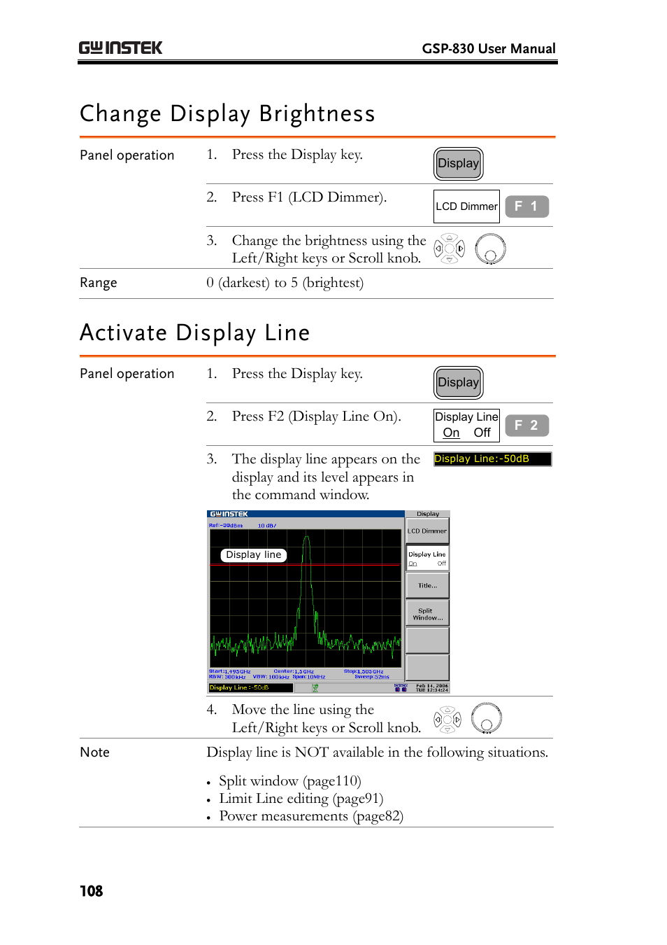 Change display brightness, Activate display line | GW Instek GSP-830 User Manual User Manual | Page 108 / 181
