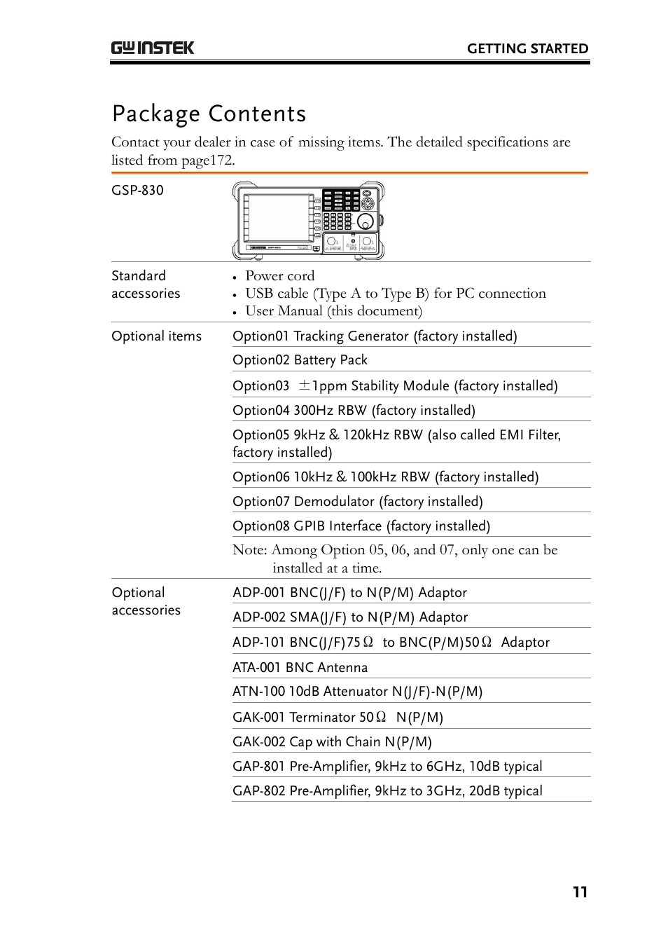 Package contents | GW Instek GSP-830 User Manual User Manual | Page 11 / 181