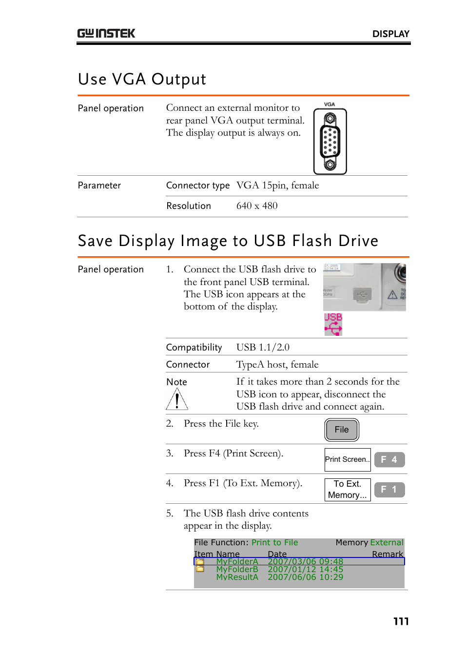 Use vga output, Save display image to usb flash drive, E111 | GW Instek GSP-830 User Manual User Manual | Page 111 / 181