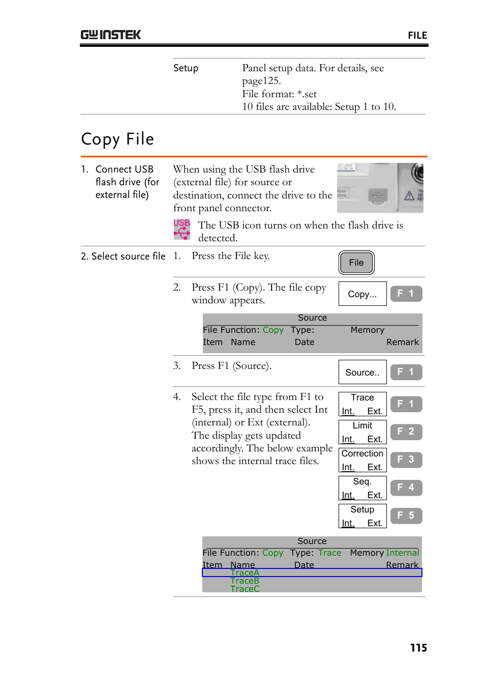 Copy file, Copy, Press the file key | Press f1 (copy). the file copy window appears, Press f1 (source) | GW Instek GSP-830 User Manual User Manual | Page 115 / 181