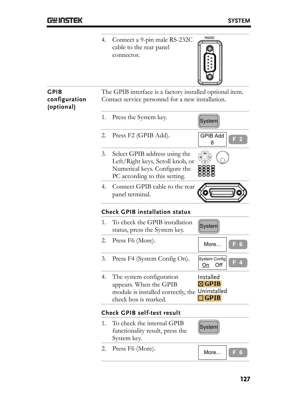 Gpib configuration (optional), Press the system key, Press f2 (gpib add) | Connect gpib cable to the rear panel terminal, Press f6 (more), Press f4 (system config on) | GW Instek GSP-830 User Manual User Manual | Page 127 / 181