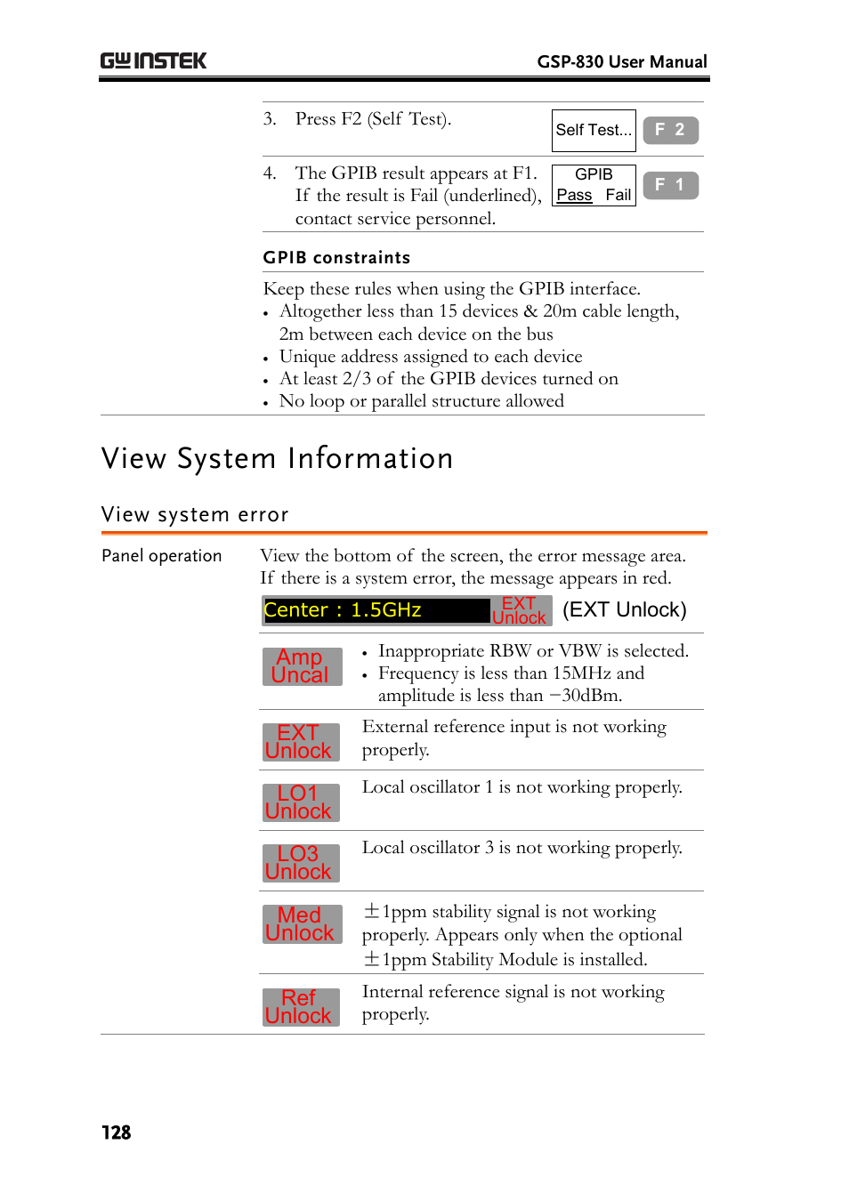 View system information, View system error, E128) | Amp uncal, Med unlock, Ext unlock, Lo1 unlock, Lo3 unlock, Ref unlock | GW Instek GSP-830 User Manual User Manual | Page 128 / 181