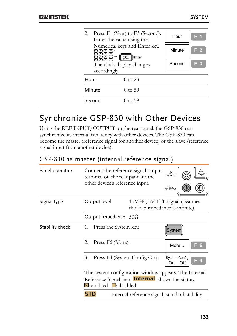Synchronize gsp-830 with other devices, Gsp-830 as master (internal reference signal), E133) | The clock display changes accordingly, 0 to 23, 0 to 59, Press the system key, Press f6 (more), Press f4 (system config on), Internal reference signal, standard stability | GW Instek GSP-830 User Manual User Manual | Page 133 / 181