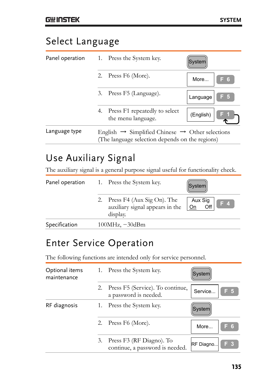 Select language, Use auxiliary signal, Enter service operation | E135). i | GW Instek GSP-830 User Manual User Manual | Page 135 / 181