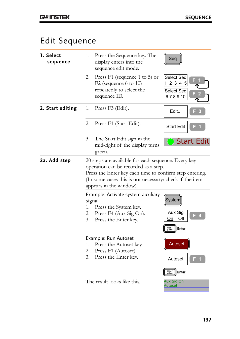 Edit sequence, Select sequence, Start editing | 2a. add step, Start edit | GW Instek GSP-830 User Manual User Manual | Page 137 / 181