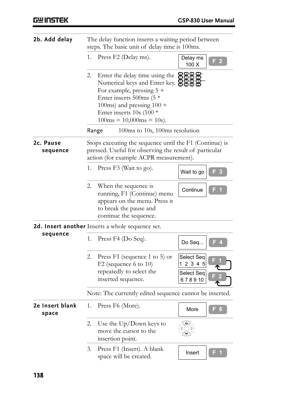 2b. add delay, 2c. pause sequence, 2d. insert another sequence | 2e insert blank space, Press f2 (delay ms), Press f3 (wait to go), Inserts a whole sequence set, Press f4 (do seq), Press f6 (more), Press f1 (insert). a blank space will be created | GW Instek GSP-830 User Manual User Manual | Page 138 / 181