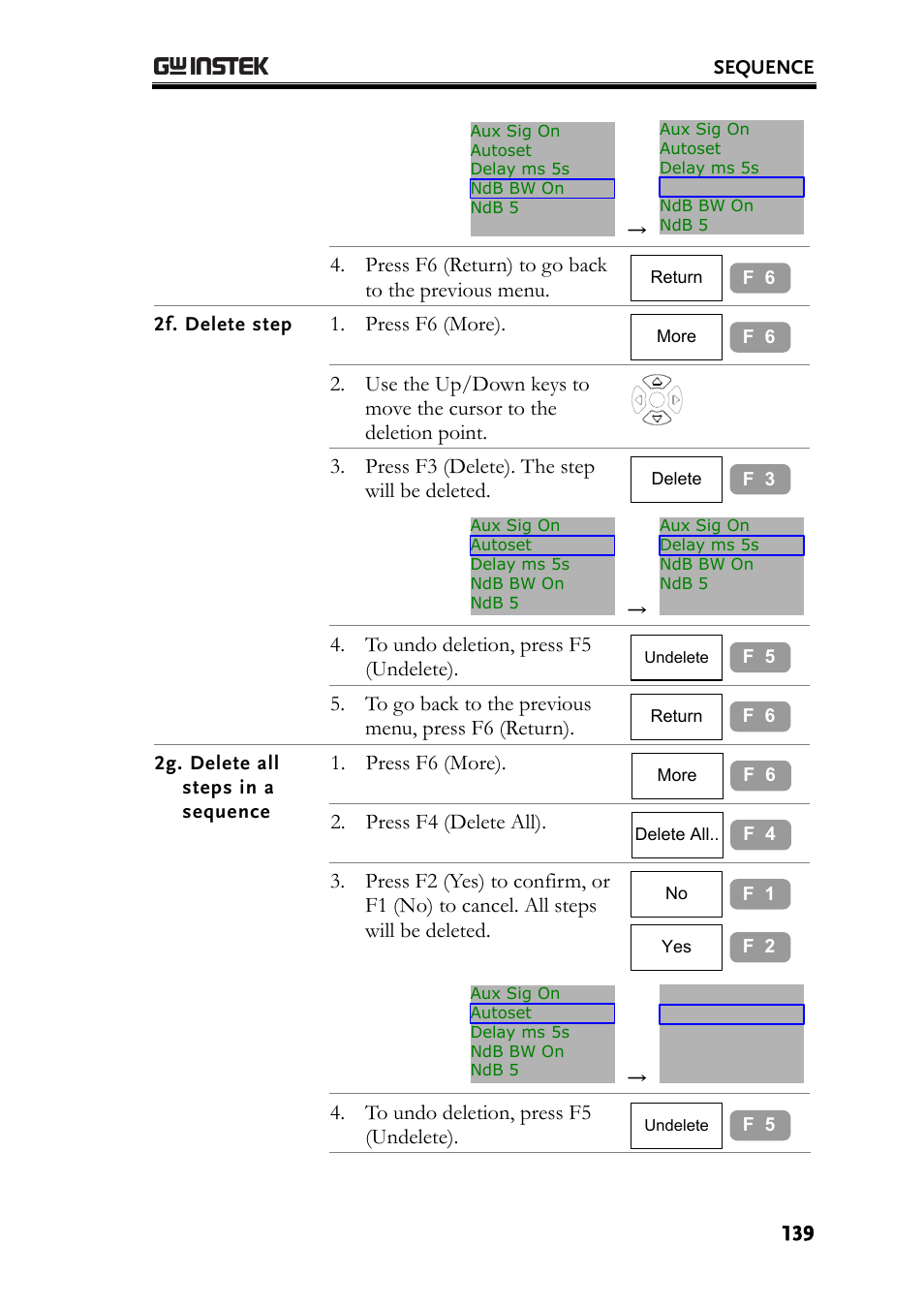 2f. delete step, 2g. delete all steps in a sequence | GW Instek GSP-830 User Manual User Manual | Page 139 / 181
