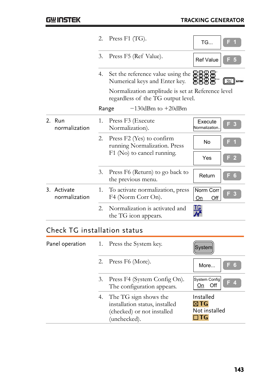 Check tg installation status, Press f1 (tg), Press f5 (ref value) | Press f3 (execute normalization), Press f6 (return) to go back to the previous menu, Normalization is activated and the tg icon appears, Press the system key, Press f6 (more) | GW Instek GSP-830 User Manual User Manual | Page 143 / 181