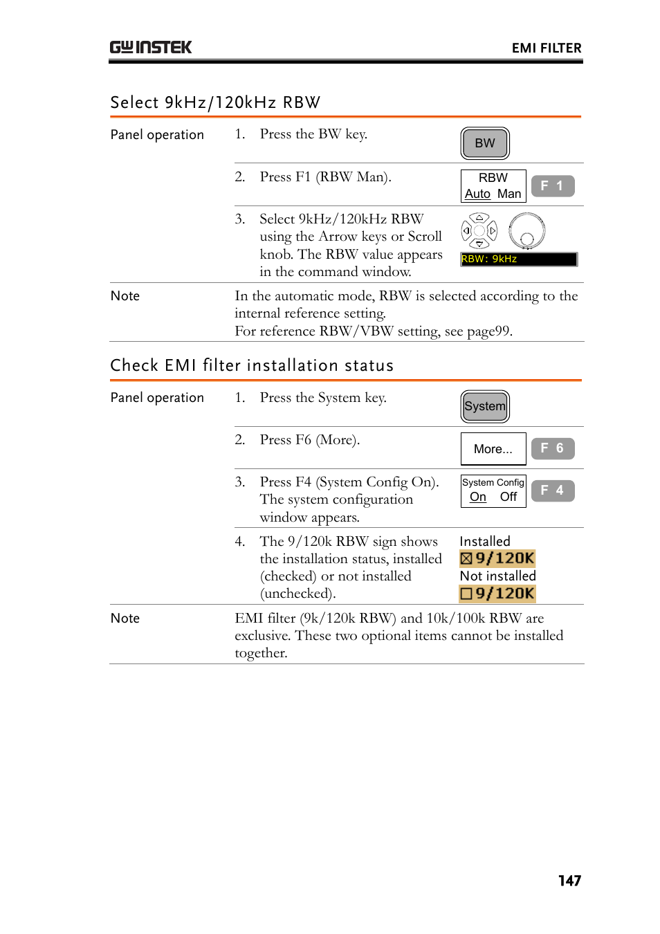 Select 9khz/120khz rbw, Check emi filter installation status | GW Instek GSP-830 User Manual User Manual | Page 147 / 181