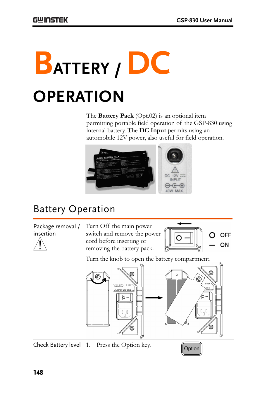 Battery operation, E148), an, Attery | Operation | GW Instek GSP-830 User Manual User Manual | Page 148 / 181