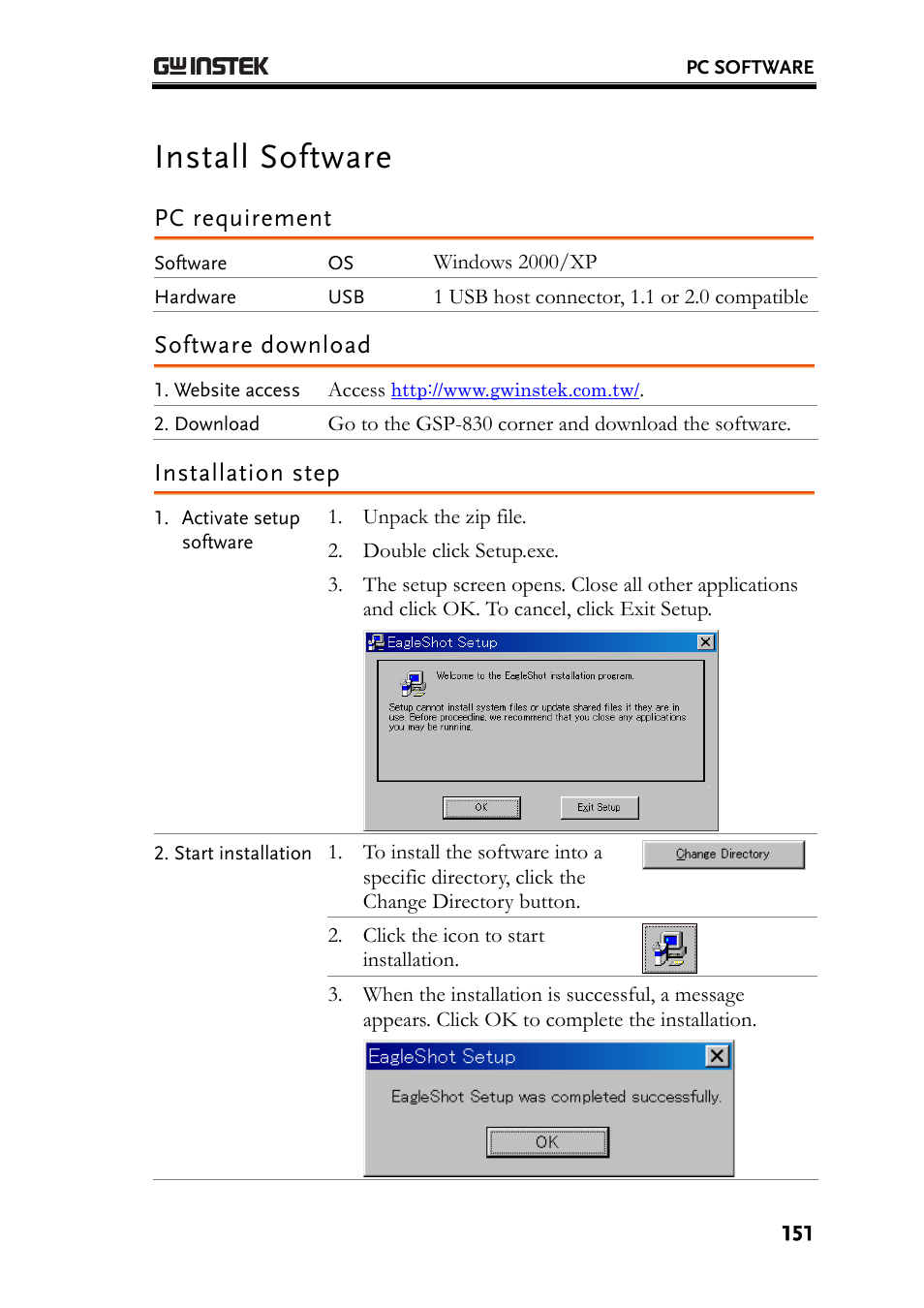 Install software, Pc requirement, Software download | Installation step | GW Instek GSP-830 User Manual User Manual | Page 151 / 181
