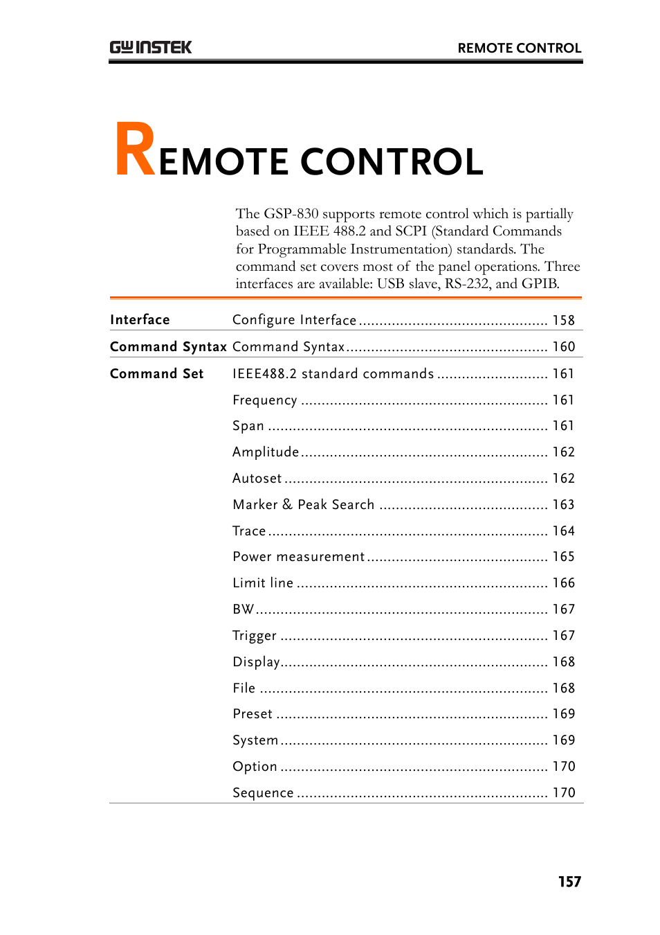 E157). f, Emote control | GW Instek GSP-830 User Manual User Manual | Page 157 / 181