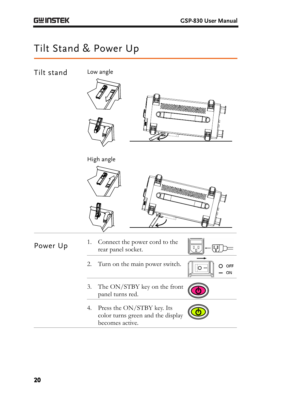 Tilt stand & power up, Tilt stand, Power up | E20 for | GW Instek GSP-830 User Manual User Manual | Page 20 / 181