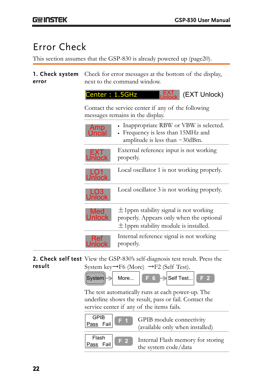Error check, Amp uncal, Med unlock | GW Instek GSP-830 User Manual User Manual | Page 22 / 181
