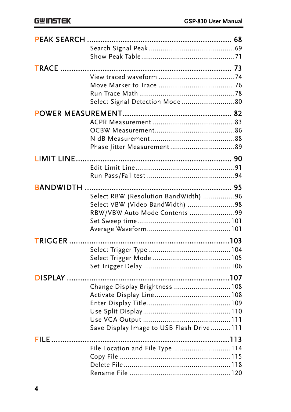Peak search, Trace, Power measurement | Limit line, Bandwidth, Trigger, Display, File | GW Instek GSP-830 User Manual User Manual | Page 4 / 181