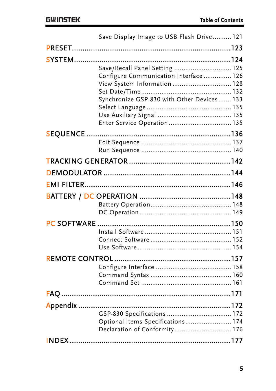 Preset, System, Sequence | Tracking generator, Demodulator, Emi filter, Battery / dc operation, Pc software, Remote control, Appendix | GW Instek GSP-830 User Manual User Manual | Page 5 / 181