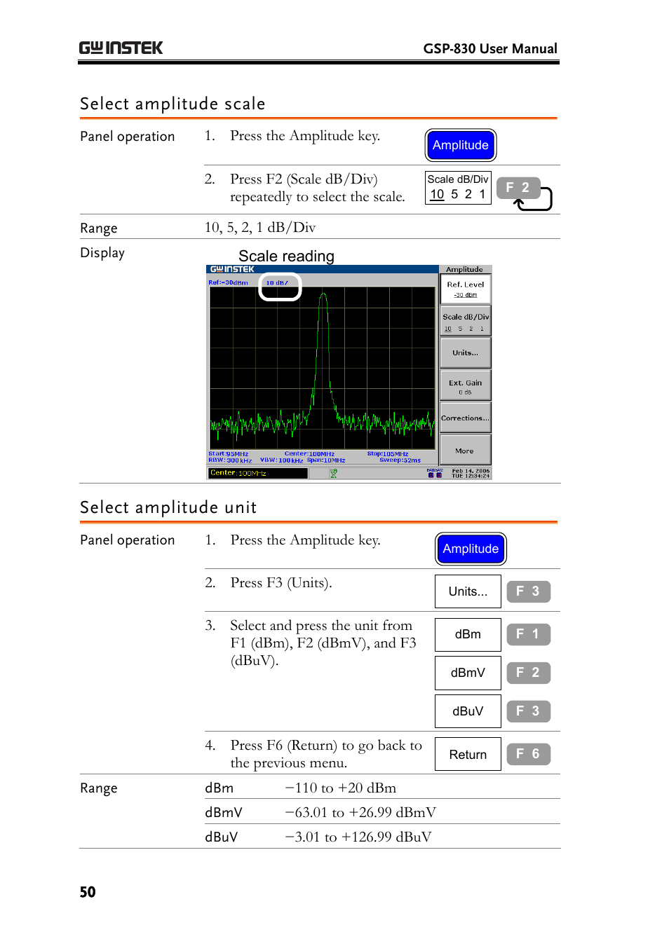 Select amplitude scale, Select amplitude unit | GW Instek GSP-830 User Manual User Manual | Page 50 / 181
