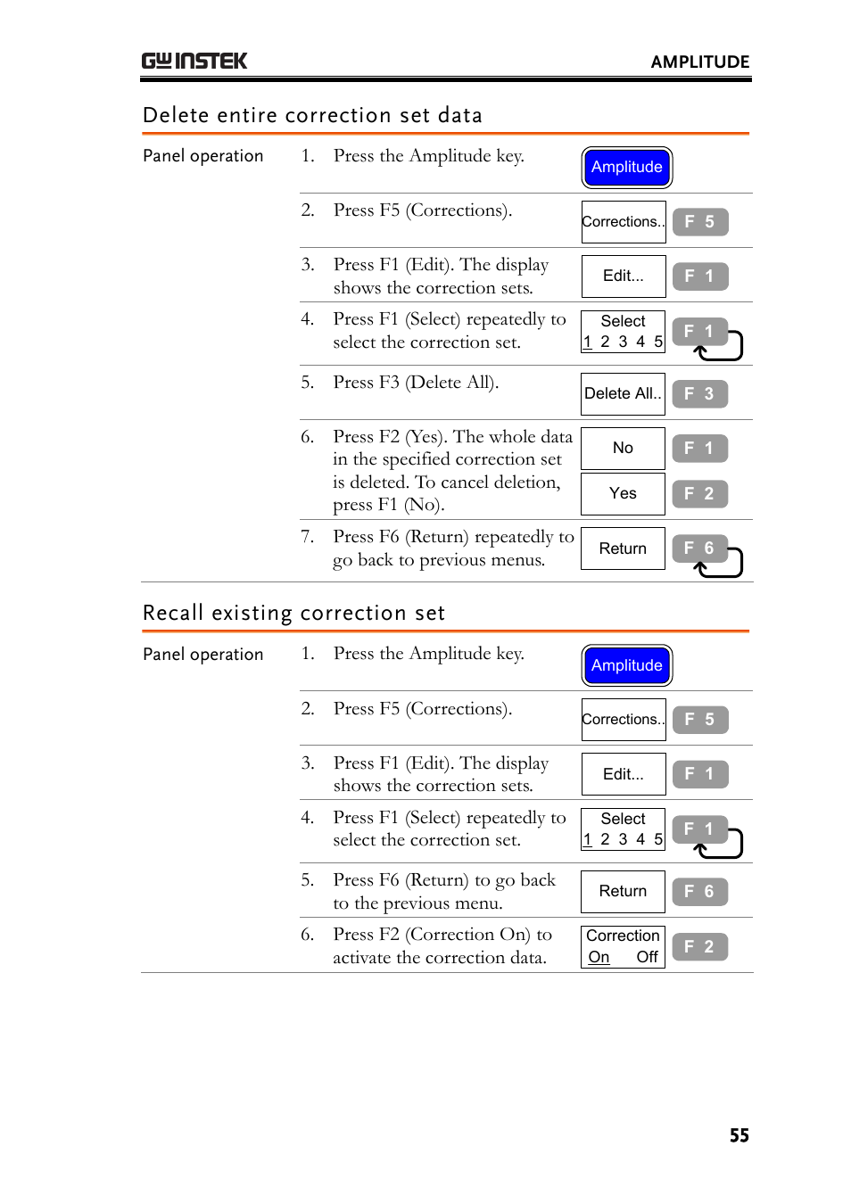 Delete entire correction set data, Recall existing correction set | GW Instek GSP-830 User Manual User Manual | Page 55 / 181