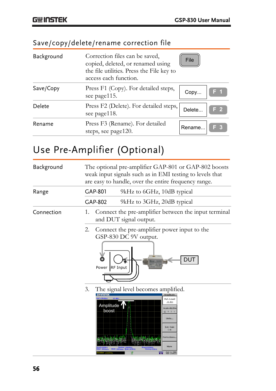 Save/copy/delete/rename correction file, Use pre-amplifier (optional) | GW Instek GSP-830 User Manual User Manual | Page 56 / 181