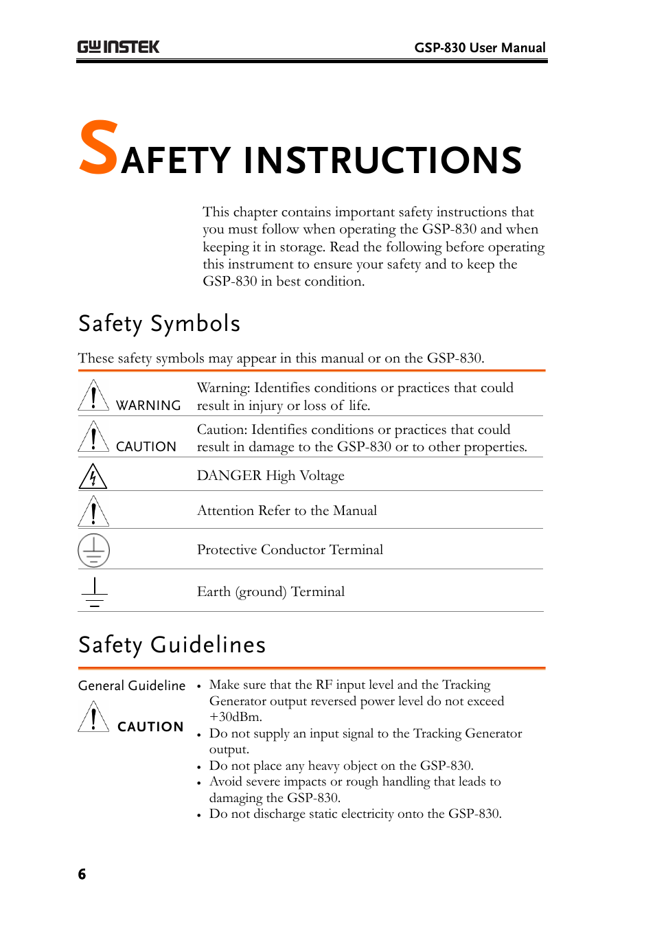 Safety symbols, Safety guidelines, Afety instructions | GW Instek GSP-830 User Manual User Manual | Page 6 / 181