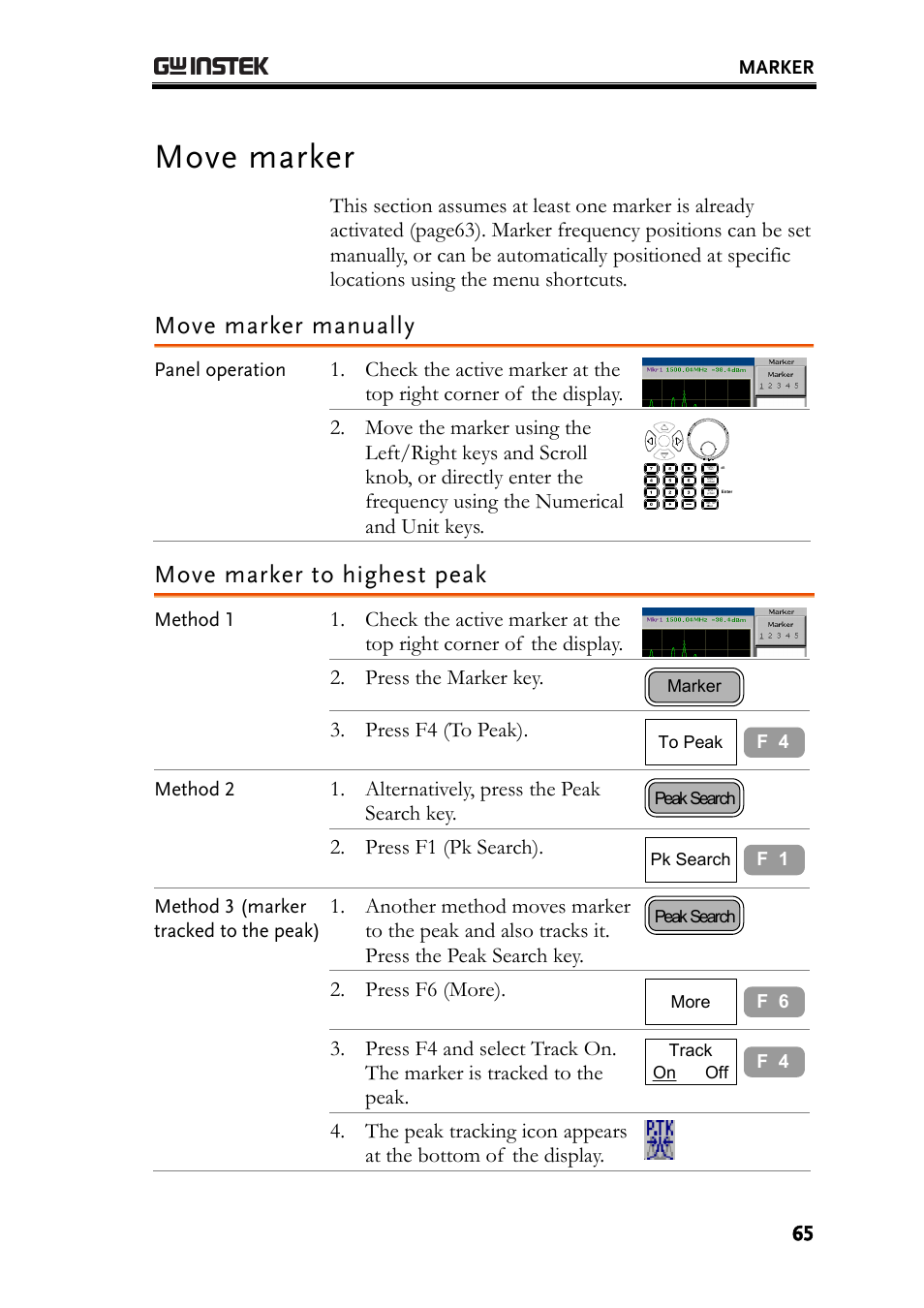 Move marker, Move marker manually, Move marker to highest peak | Press the marker key, Press f4 (to peak), Alternatively, press the peak search key, Press f1 (pk search), Press f6 (more) | GW Instek GSP-830 User Manual User Manual | Page 65 / 181