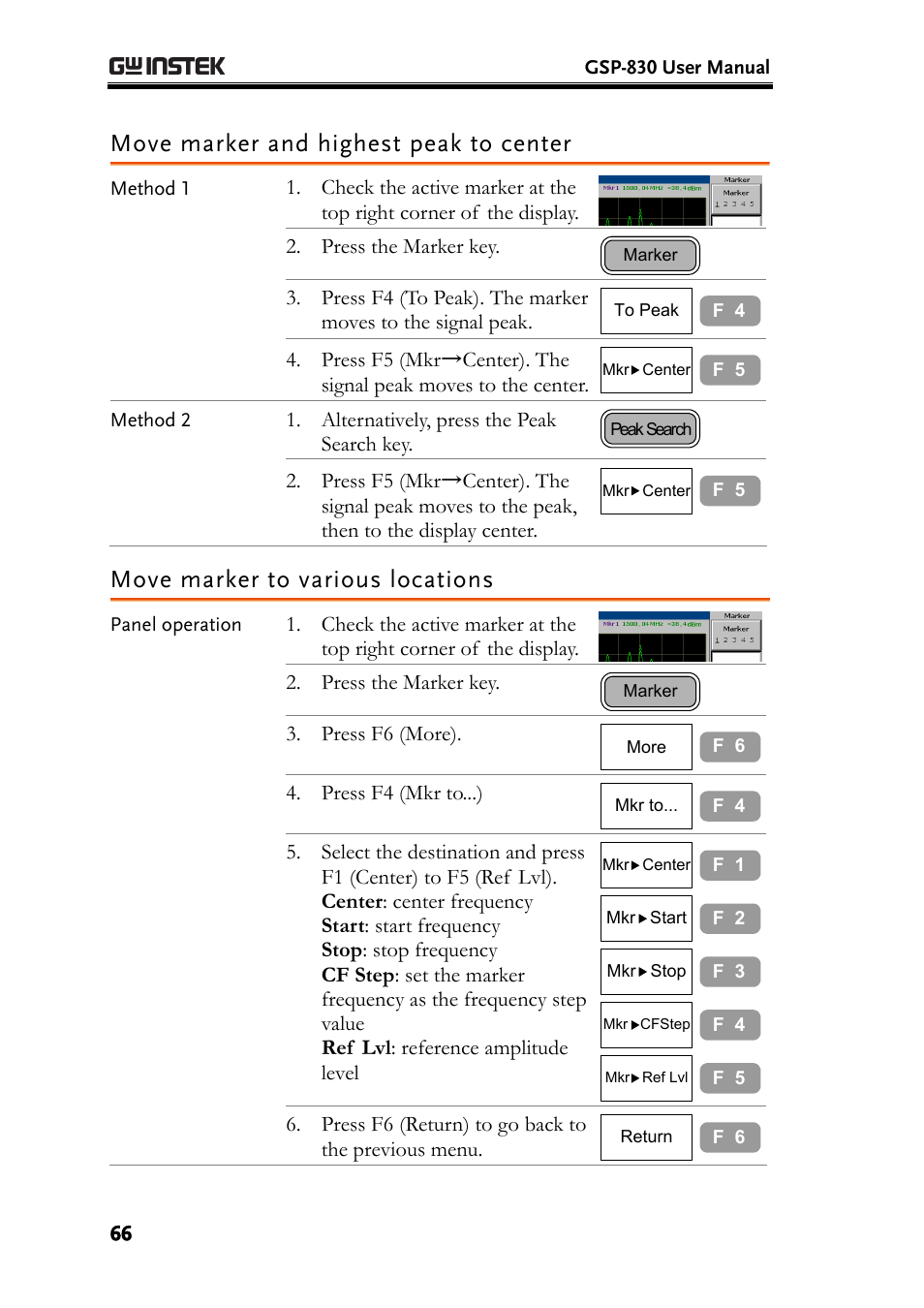 Move marker and highest peak to center, Move marker to various locations | GW Instek GSP-830 User Manual User Manual | Page 66 / 181