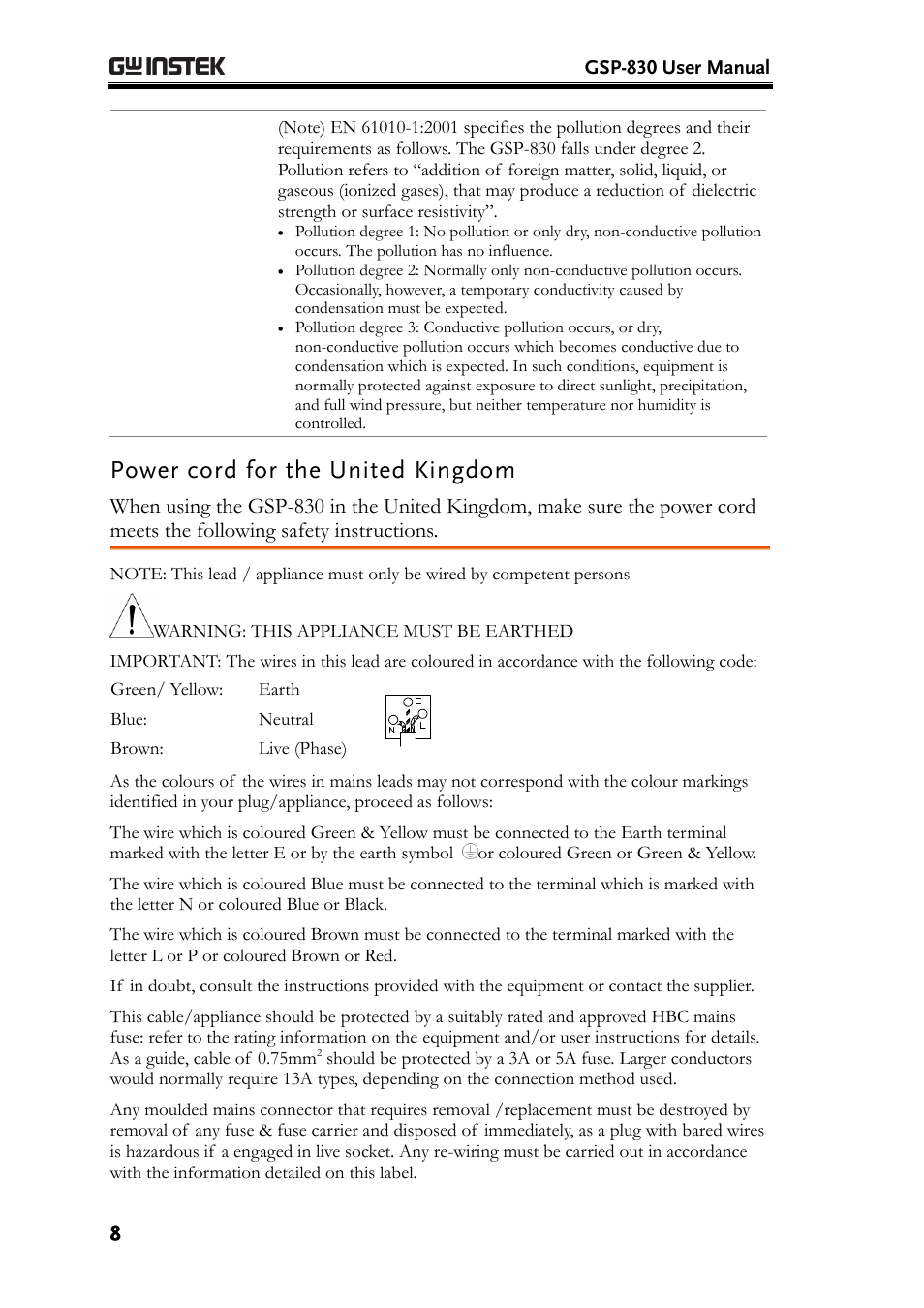 Power cord for the united kingdom | GW Instek GSP-830 User Manual User Manual | Page 8 / 181