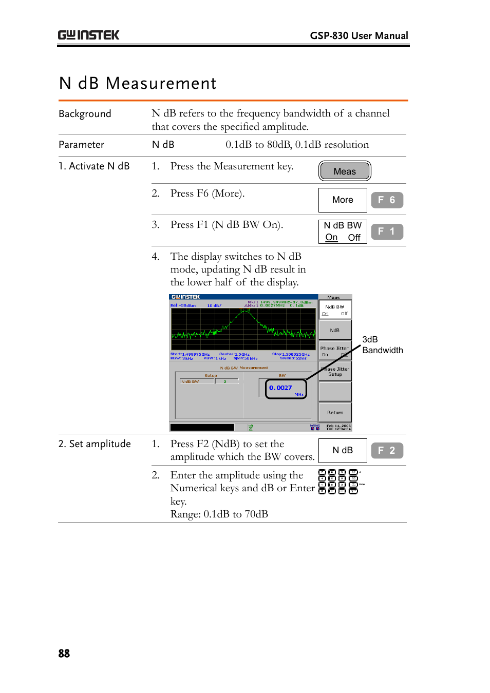 N db measurement, Press the measurement key, Press f6 (more) | Press f1 (n db bw on) | GW Instek GSP-830 User Manual User Manual | Page 88 / 181