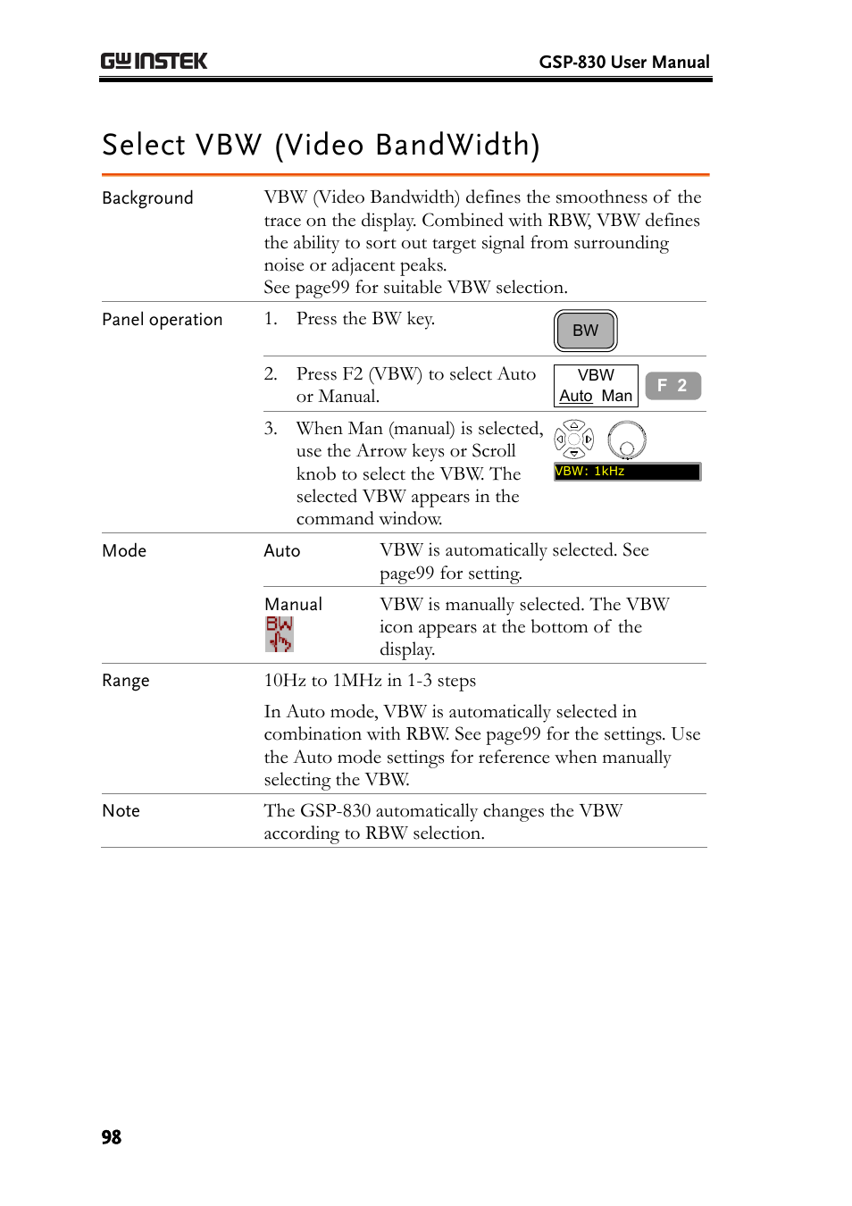 Select vbw (video bandwidth) | GW Instek GSP-830 User Manual User Manual | Page 98 / 181