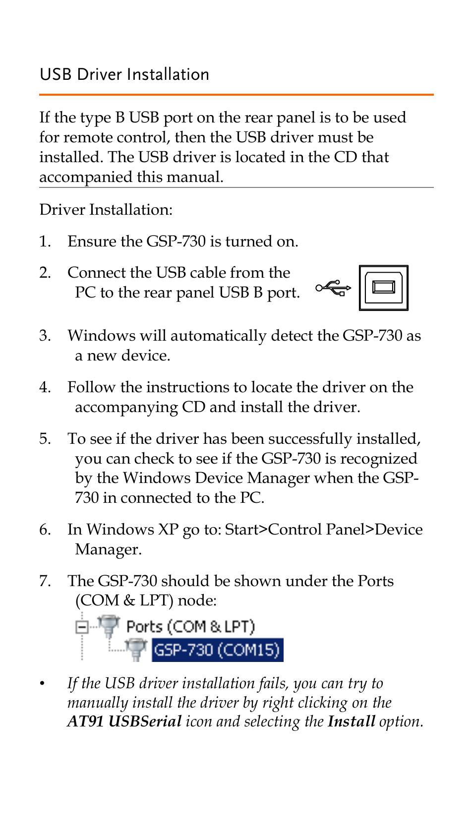 Usb driver installation | GW Instek GSP-730 Quick start guide User Manual | Page 11 / 20