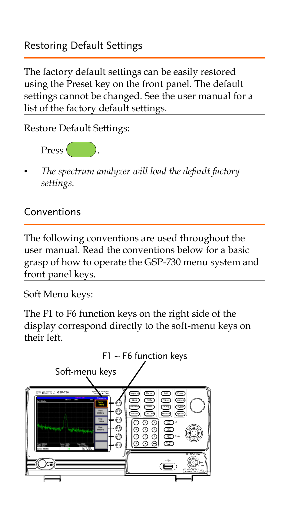 Restoring default settings, Conventions, Soft-menu keys f1 ~ f6 function keys | Preset | GW Instek GSP-730 Quick start guide User Manual | Page 12 / 20