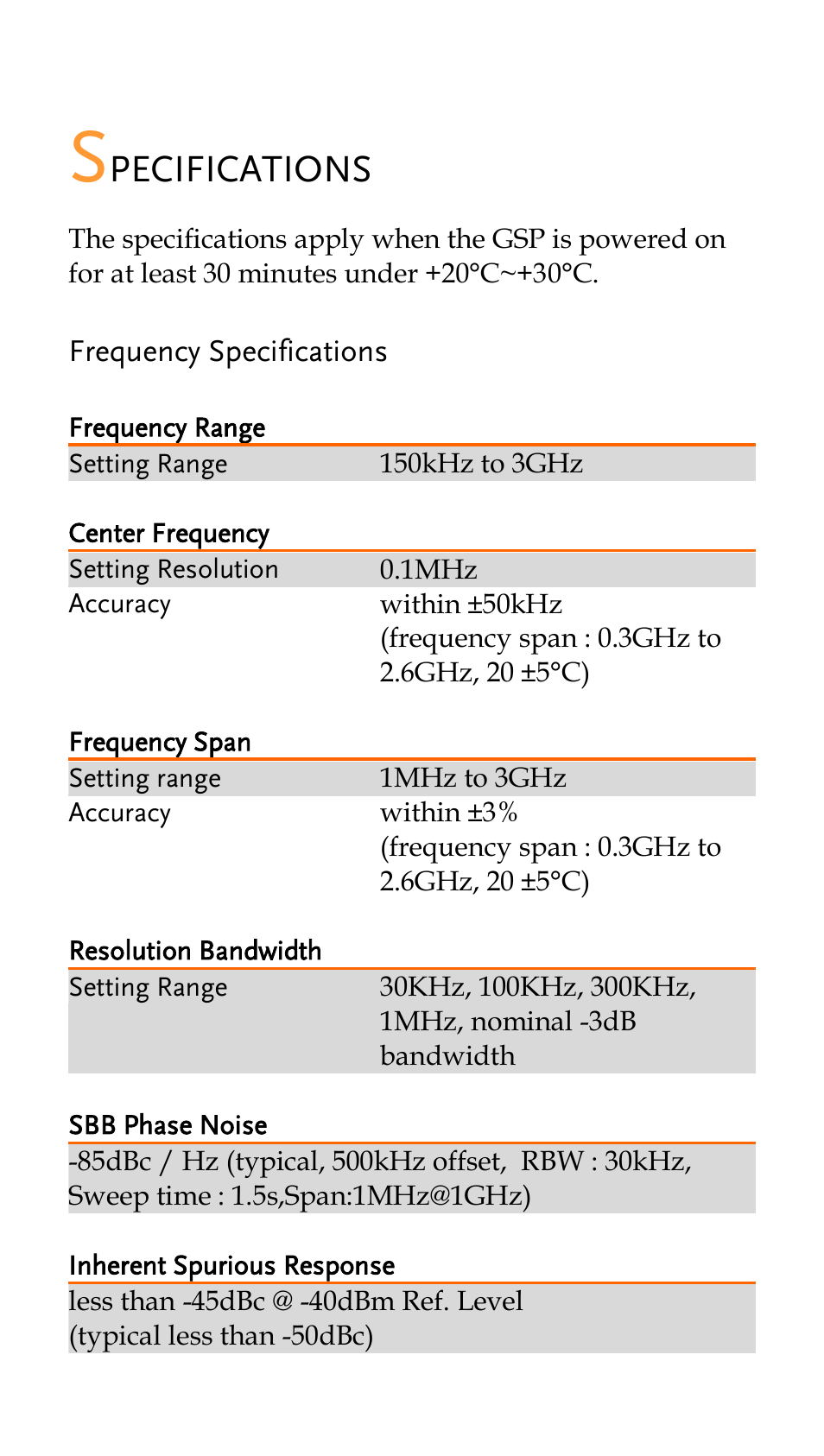 Specifications, Frequency specifications, Frequency range | Center frequency, Frequency span, Resolution bandwidth, Sbb phase noise, Inherent spurious response, Pecifications | GW Instek GSP-730 Quick start guide User Manual | Page 16 / 20